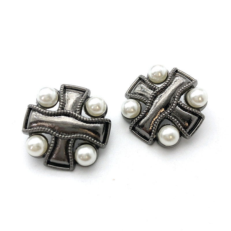 Gunmetal cross sewing buttons with white pearl beads and metal shank