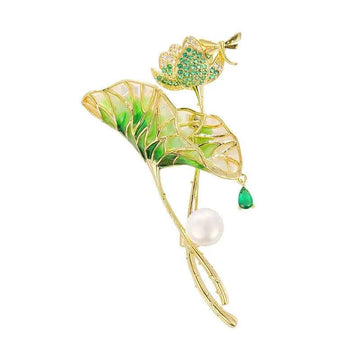 Gold-tone lotus leaf brooch, light green enamel, zircon accents, white pearl drop, pin