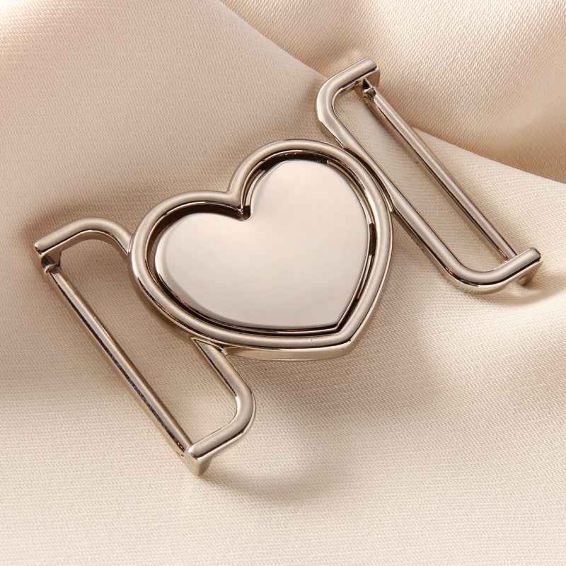 Silver-tone heart belt buckle clasp with pin and double-bar frame