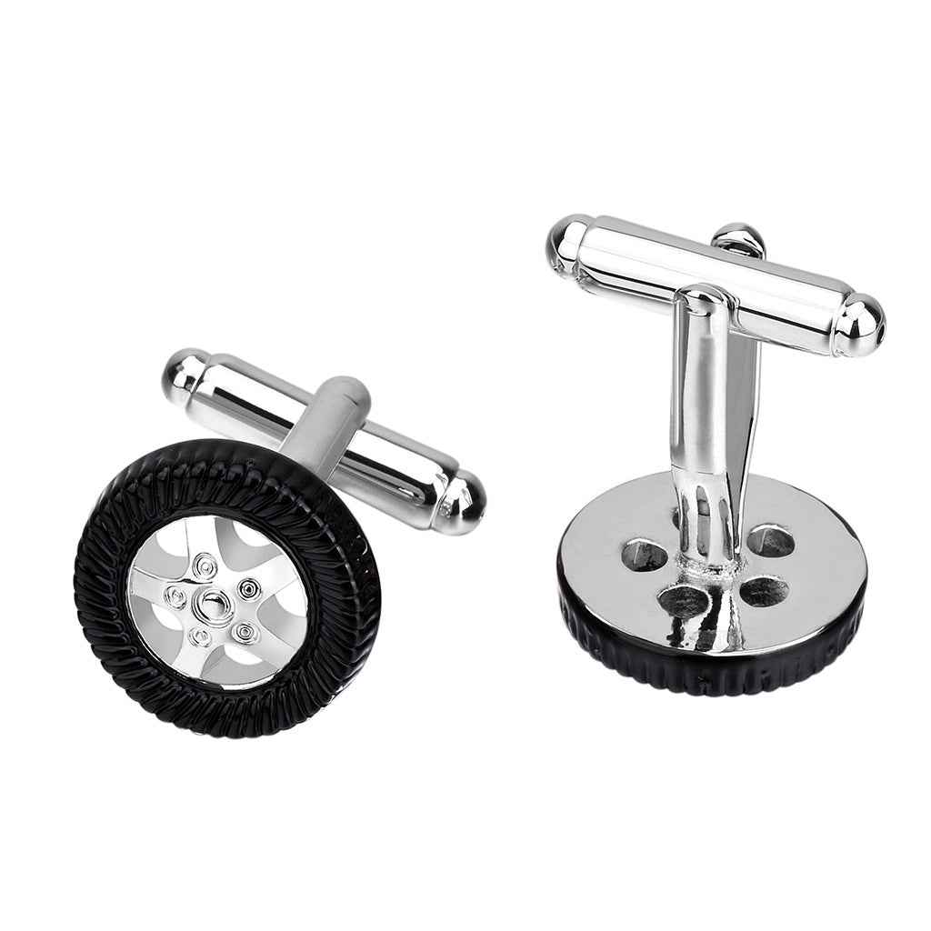 Tire-shaped cufflinks: round black tire face and polished silver backing plates