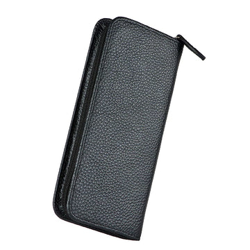 Asvine 3-Pen Top-Grain Cowhide Leather Zipper Fountain Pen Case Black