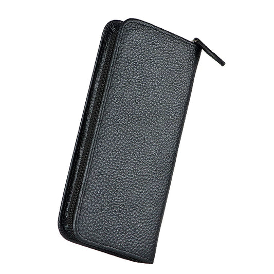Asvine 3-Pen Top-Grain Cowhide Leather Zipper Fountain Pen Case Black