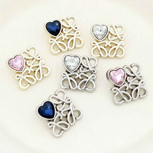 Square filigree metal buttons with heart glass: pink, clear, and navy hearts set