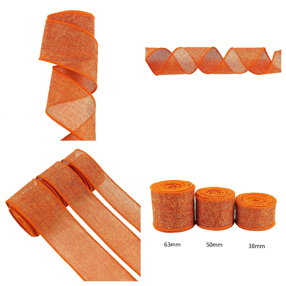 Orange cotton ribbon garden ties, 3 pack—38mm, 50mm, 63mm rolls.