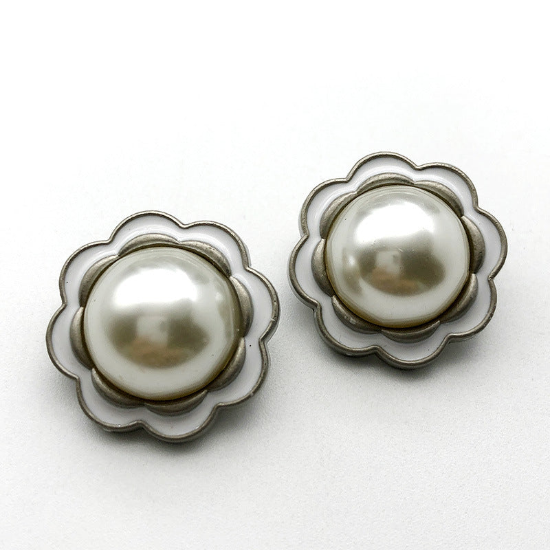 25mm round lace pearl button, metal shank, silver-tone edge, Style 2, 12pcs