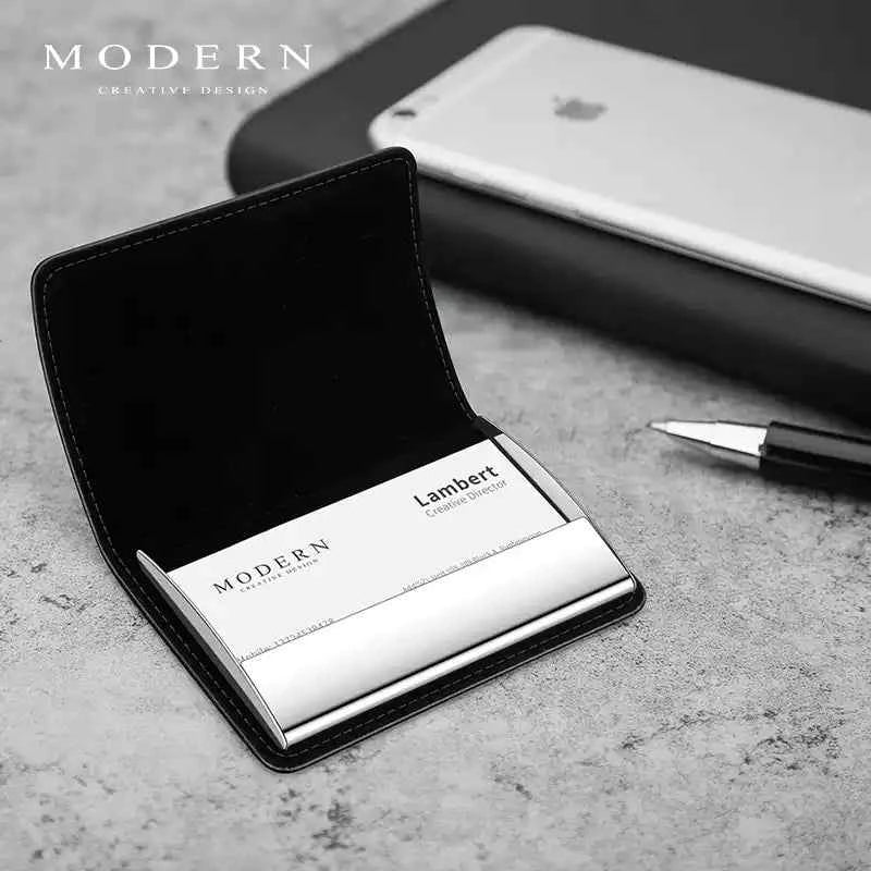 MODERN Black Leather & Stainless Steel Business Card Holder