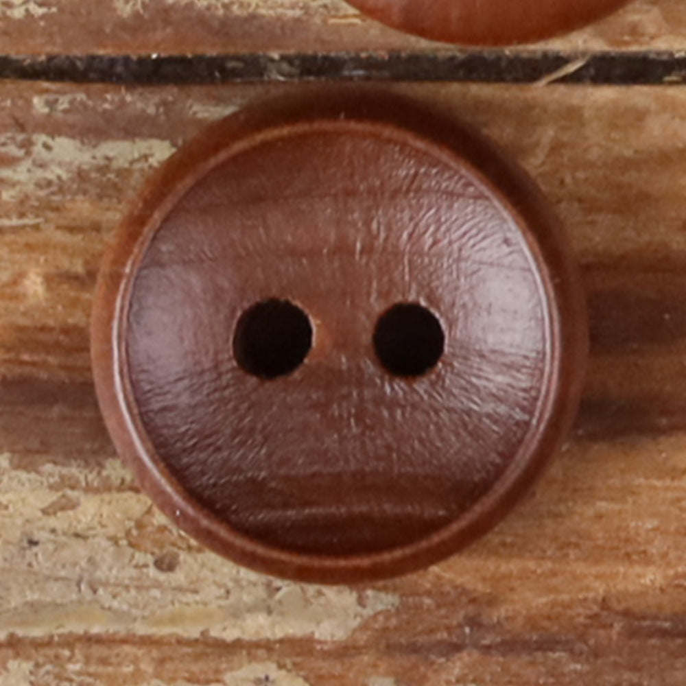 Dark brown round 2-hole wooden button.
