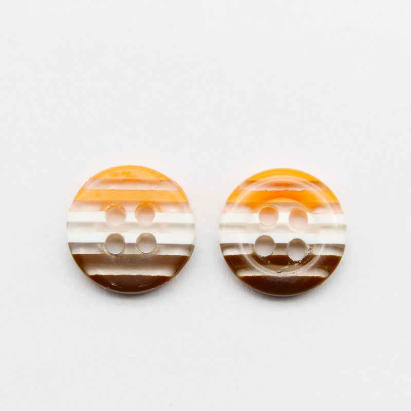 12mm resin buttons, orange and white stripes with brown bottom, 4-hole, 2 shown