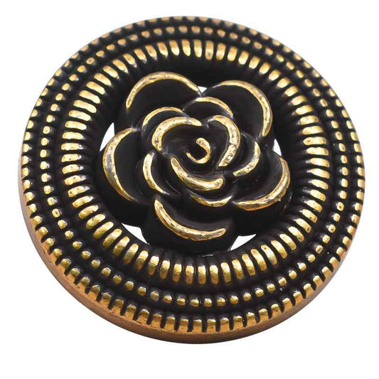 Vintage gold hollow rose metal button on black, beaded border and curled petal design