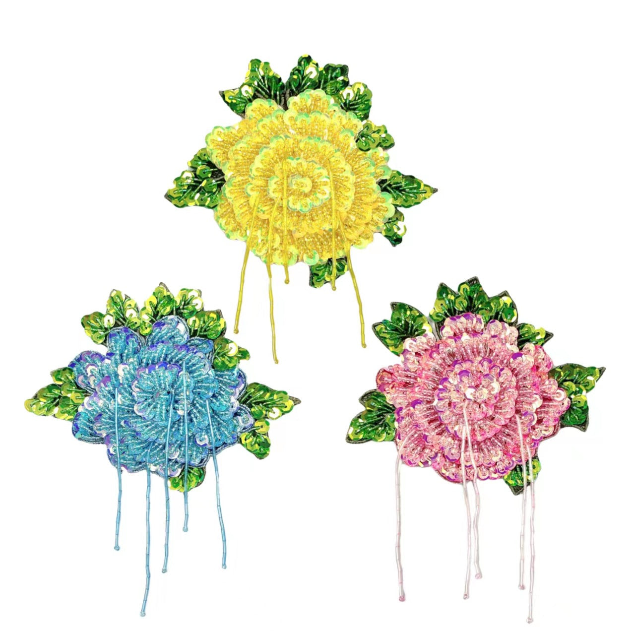 3-pack embroidered flower patches with sequins, beads, pearls and dangling threads (yellow, blue, pink)