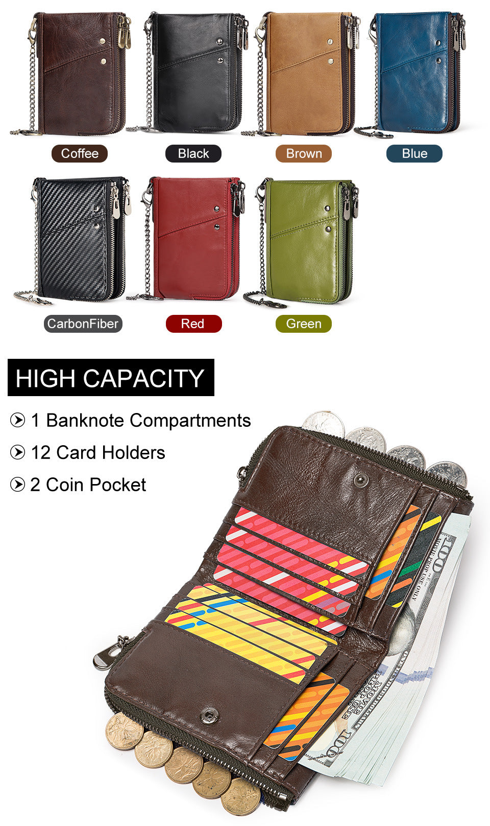 RFID Blocking Leather Short Wallet with Double Zipper