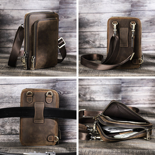 Vintage Crazy Horse Leather Phone Bag – Crossbody, Shoulder & Belt Waist Pack