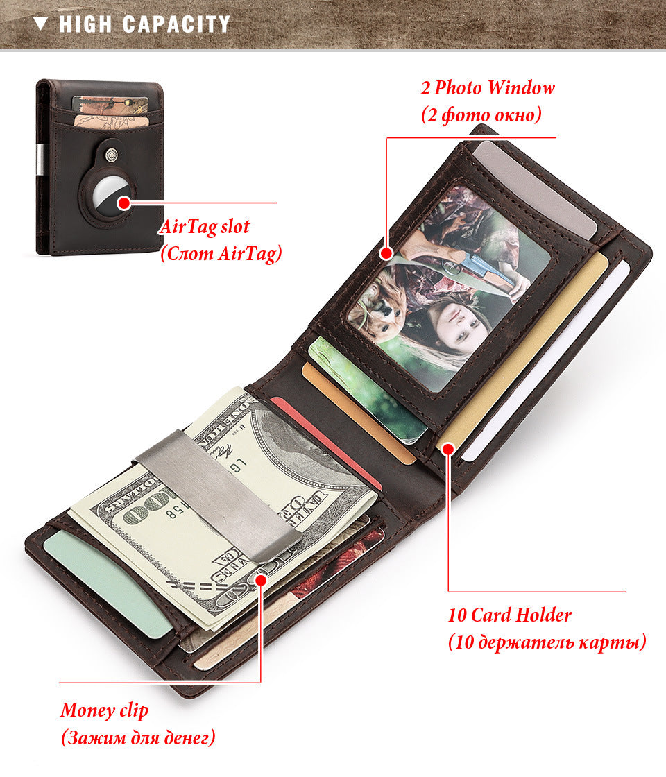 RFID Top Grain Leather Card Holder Wallet with AirTag Slot