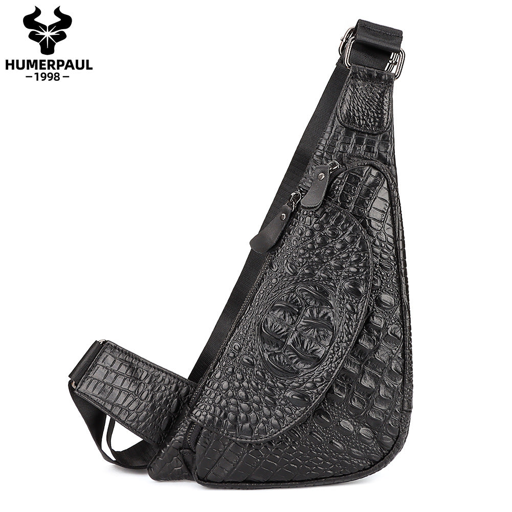 Men's Genuine Leather Chest Sling Bag,Alligator Pattern Triangle Black
