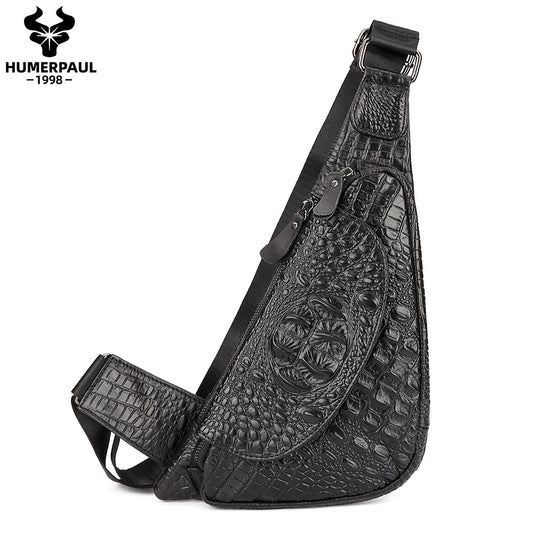 Men's Genuine Leather Chest Sling Bag,Alligator Pattern Triangle Black