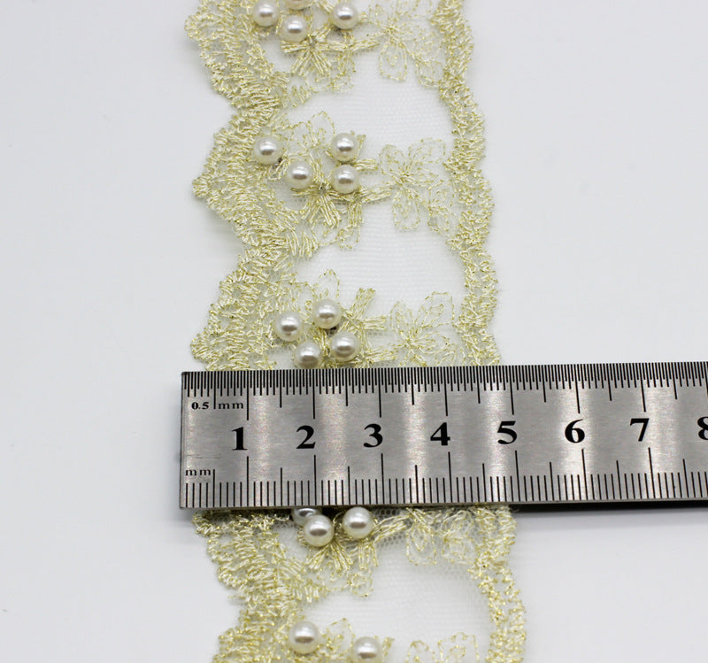 Organza-Spitzenbandbesatz mit Perlen und feiner Bordüre, Breite am Lineal