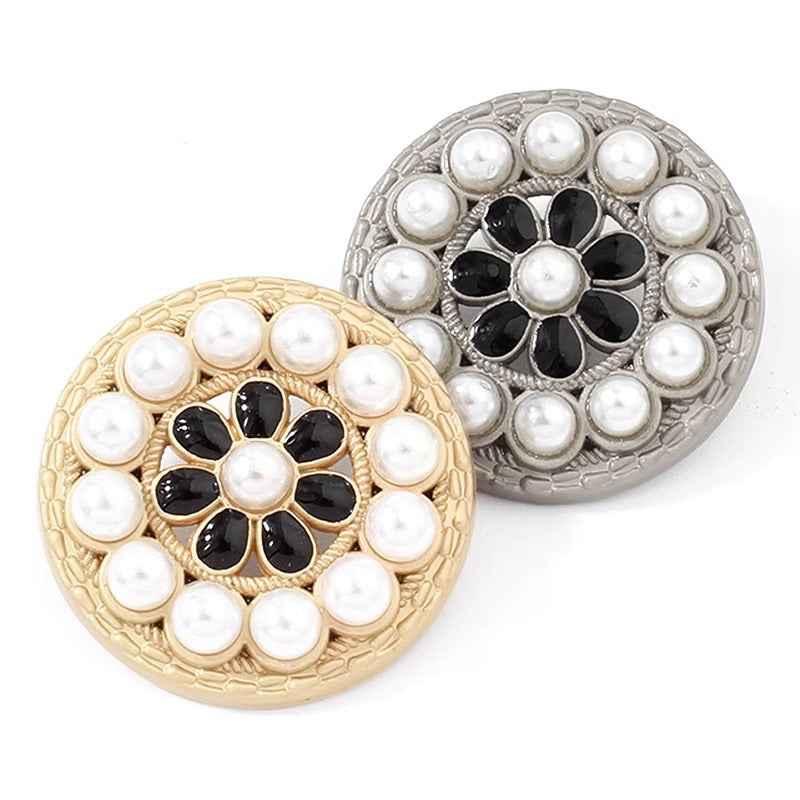 Luxury pearl flower alloy buttons, gold and silver tones with black center flower and white pearls