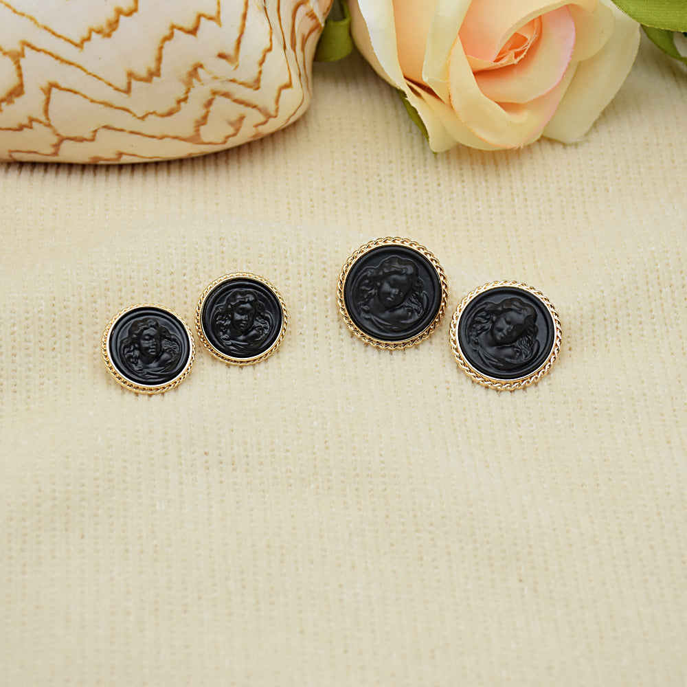 Black lady portrait resin buttons with gold rim; 4 round buttons with textured border.