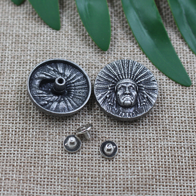 28mm vintage Native chief metal stud buttons, antique silver; two fronts and two back studs