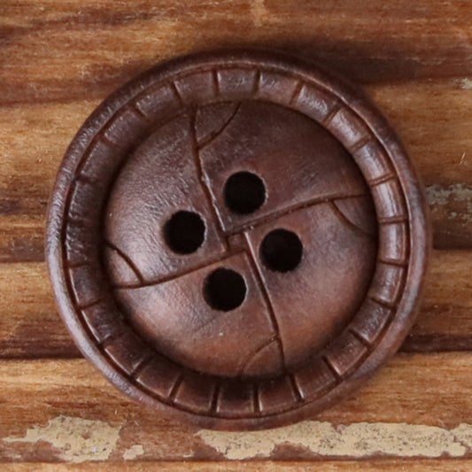 Brown round 4-hole distressed wood button with raised rim