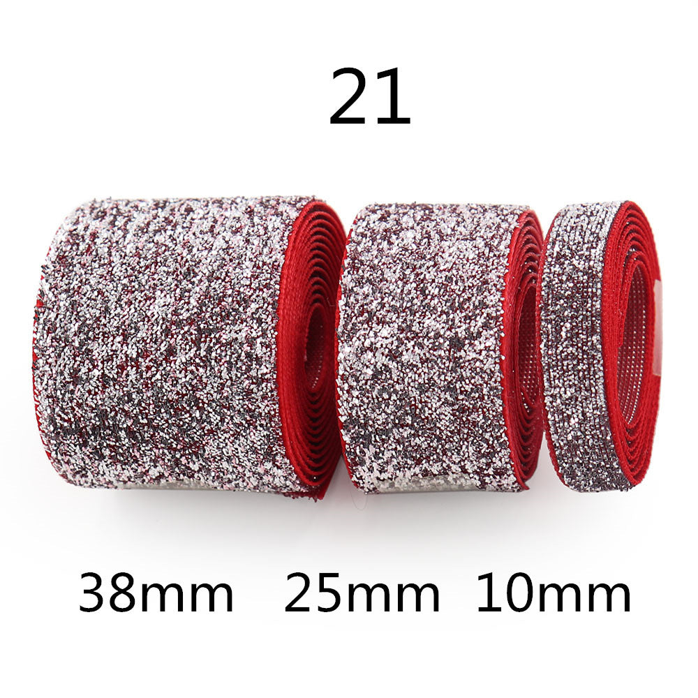 Gradient chenille sparkle ribbon, Style 21 white/silver w red edge: 38mm, 25mm, 10mm