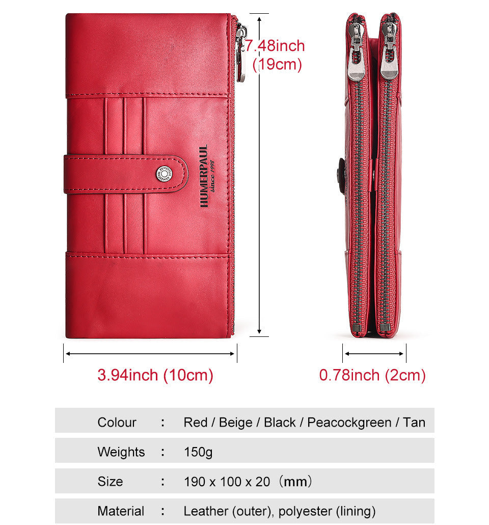 Women's Genuine Leather Long Wallet — RFID Blocking Clutch