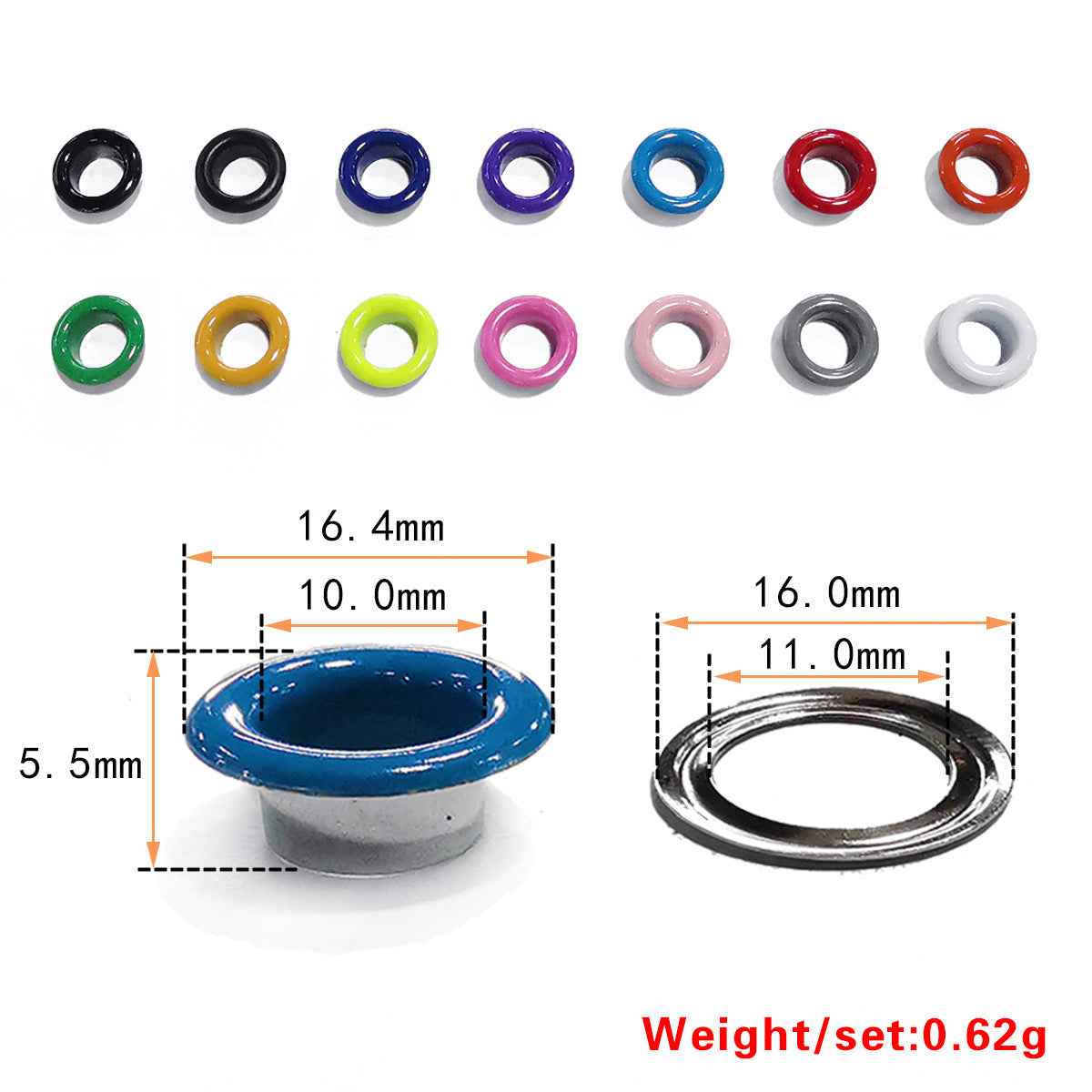 Shoe eyelets hollow rivets size guide: 16.4mm outer, 10.0mm inner, 5.5mm height