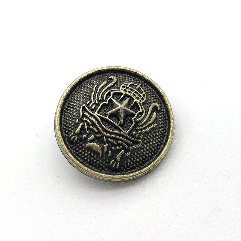 18mm Vintage Bronze Coat Button, Style A, round shank, embossed emblem face