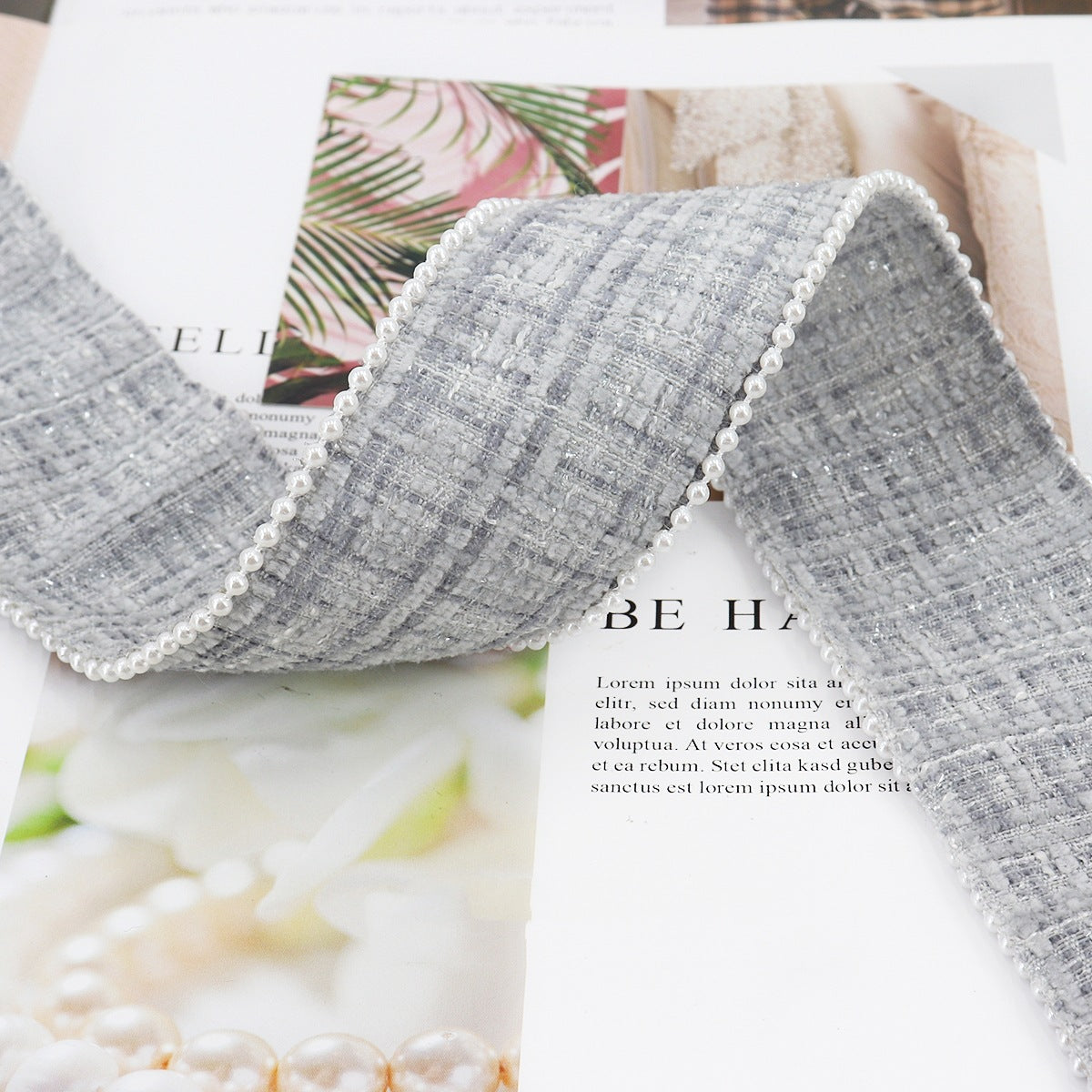 Light gray checkered flannel ribbon with white bead edge, 38mm wide