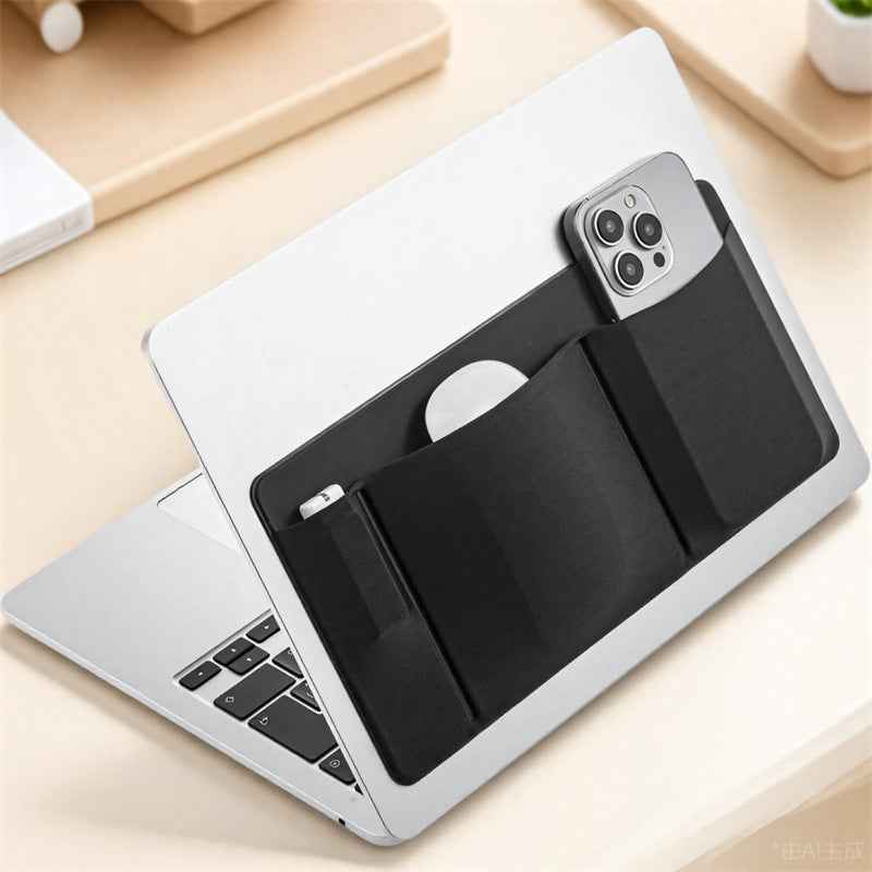 Organizer Adesivo A 3 Tasche Per Laptop AMOZIFY - Supporto Per Mouse, Custodia Per Hard Disk Esterno, Adesivo 3M Removibile - Nero