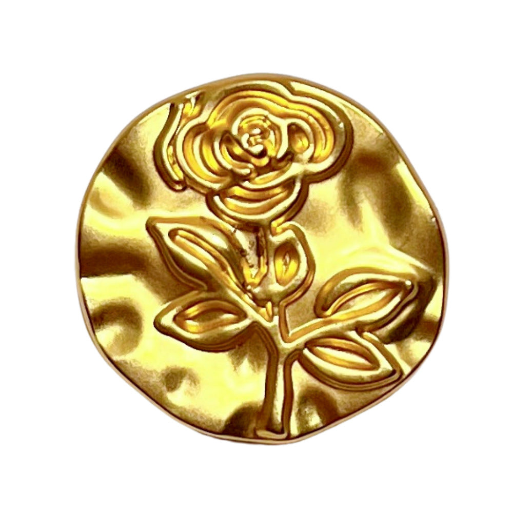Gold round metal shank button with embossed rose center and curved leaf details