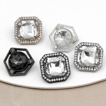 Square hexagon crystal buttons set with faceted center stones and rhinestone borders