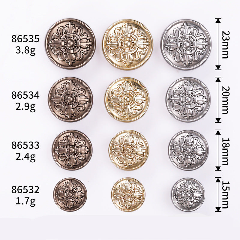 20-pack crown emblem round metal shank buttons in gold, silver, and tea-tone