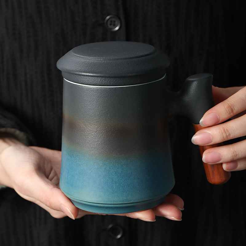 Gradient Tea Cup Mug with Infuser and Lid, 14.5oz Wood Handle