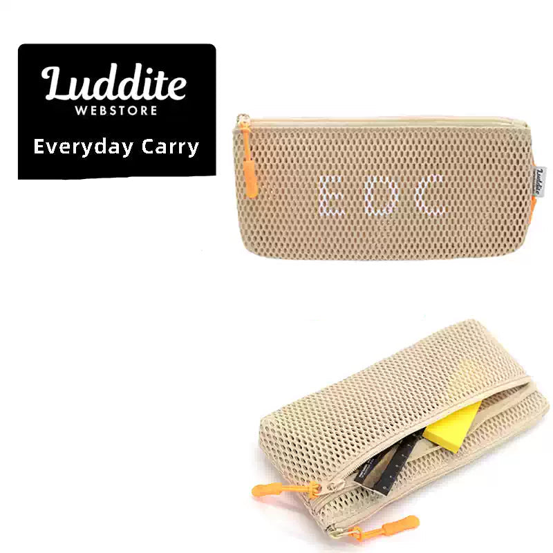 Luddite Slim Mesh Pencil Case & Cosmetic Pouch, 2 Zippered Pockets, 200 × 90 × 20mm Khaki