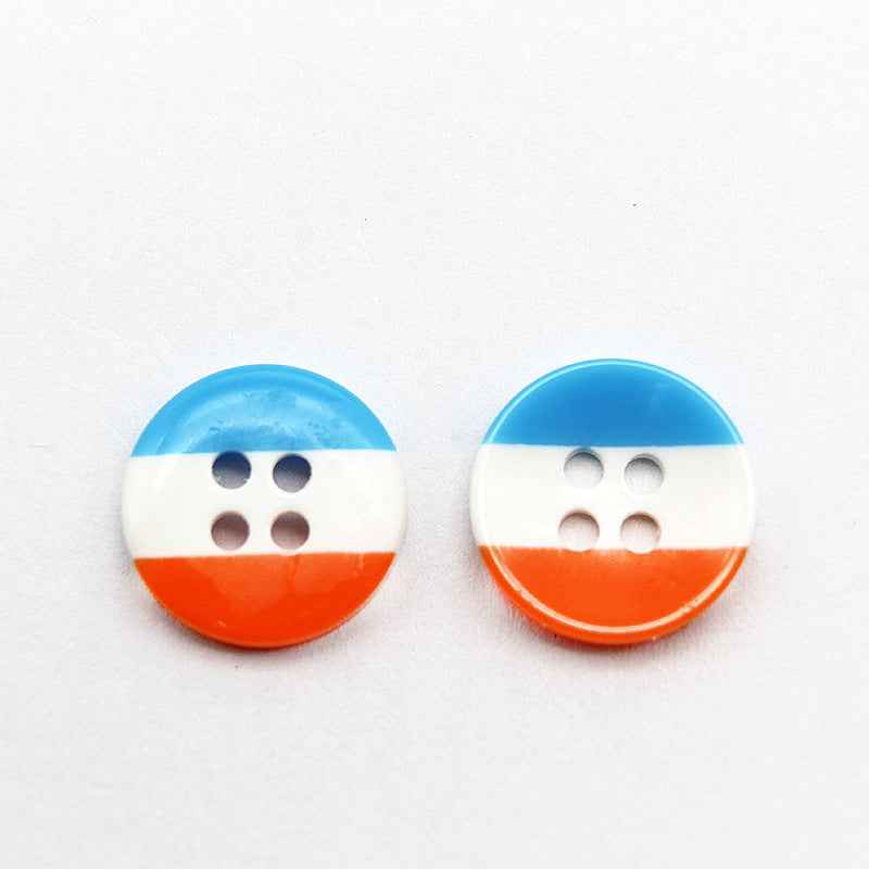 Round 4-hole resin buttons, light blue top, white center, orange bottom