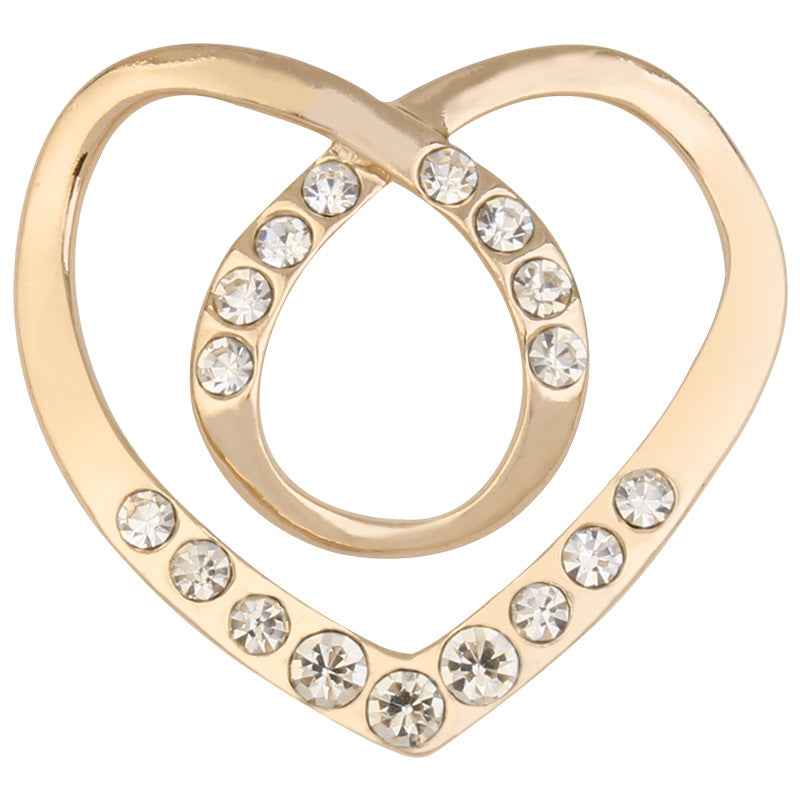 Gold heart-shaped rhinestone button with crystal stones around the frame