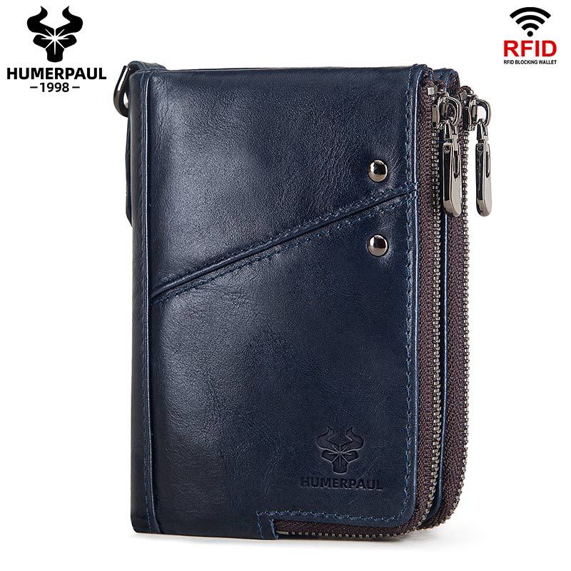 RFID Blocking Leather Short Wallet with Double Zipper Dark Blue