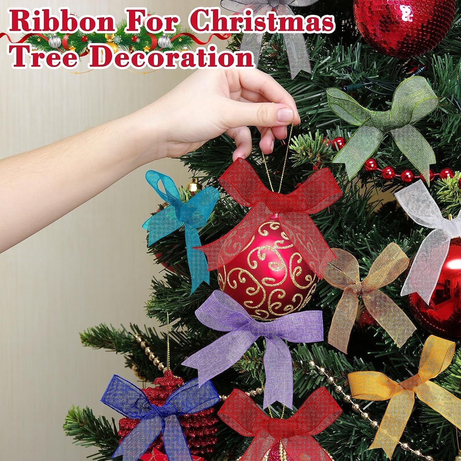 Bicolored cotton ribbon strips and bows for wreaths, including red, blue, gold and purple pieces