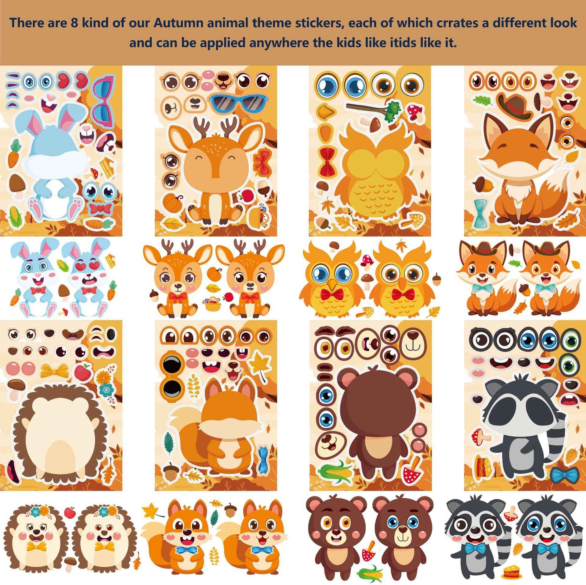 Make a Face Cartoon Autumn Animals Stickers for Kids 24 Sheets