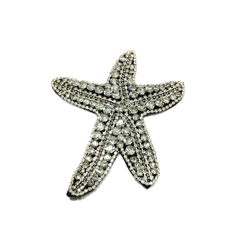 Silver rhinestone starfish embroidered patch with full-stitch sparkle