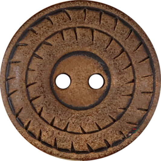 Round 2-hole natural horn button, close-up of carved rim details