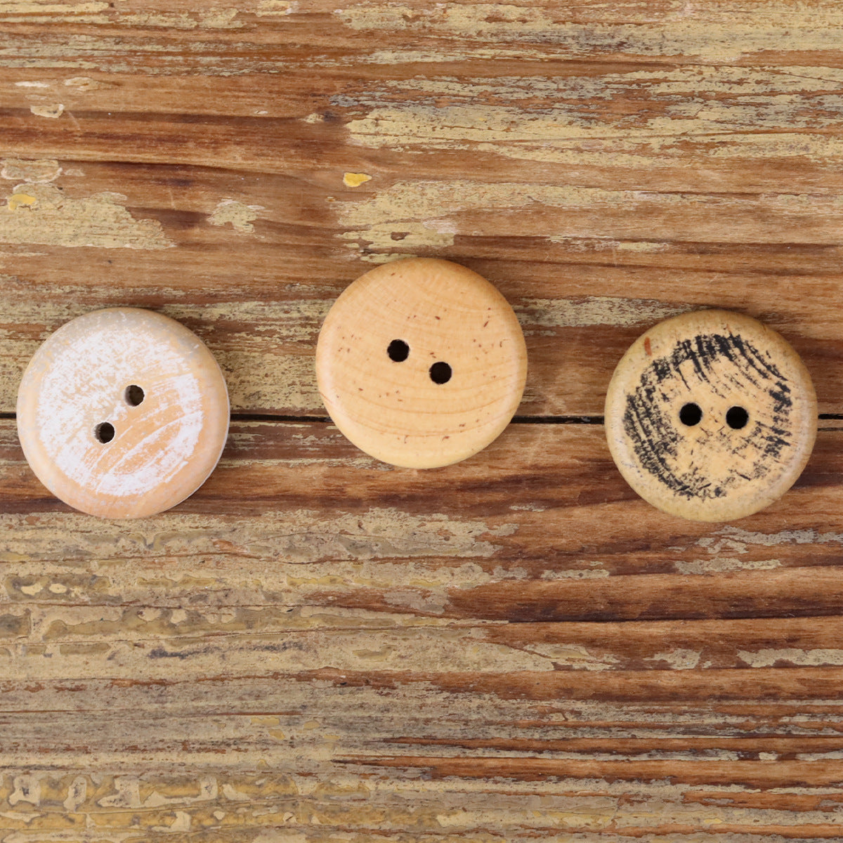Round 2-hole ring wood buttons, pale pink, beige, and dark speckled (3 pcs)