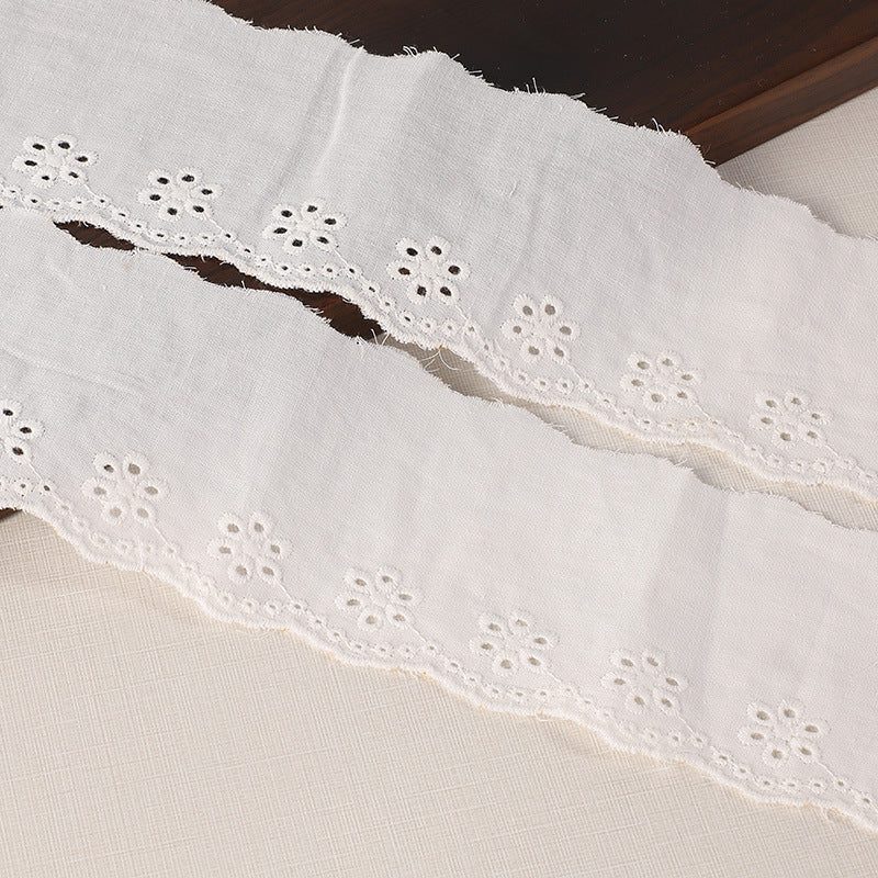 White cotton lace trim, 45/70mm, scalloped edge with embroidered eyelet motifs