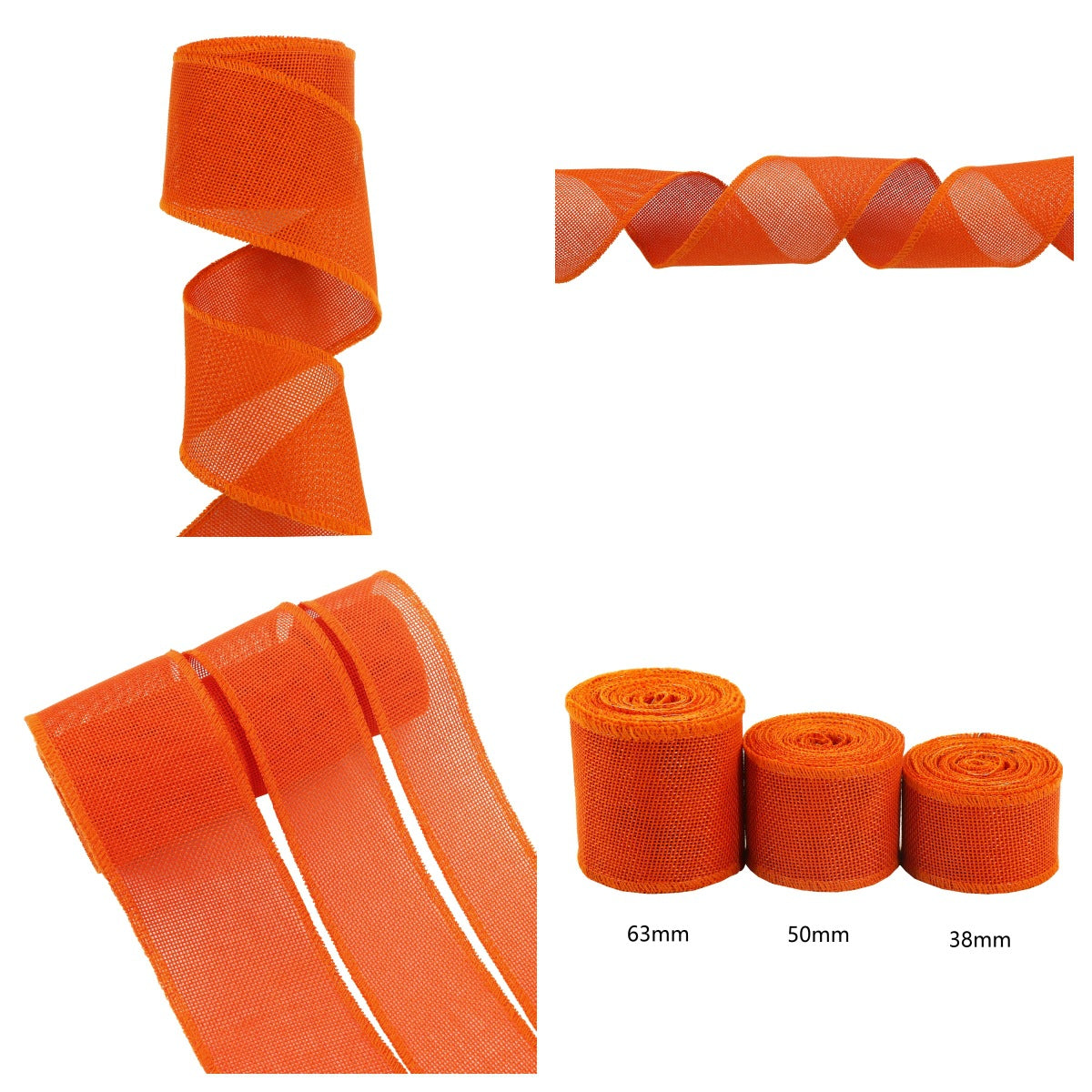 Orange cotton ribbon garden ties with 38mm, 50mm, 63mm widths in 3 rolls.
