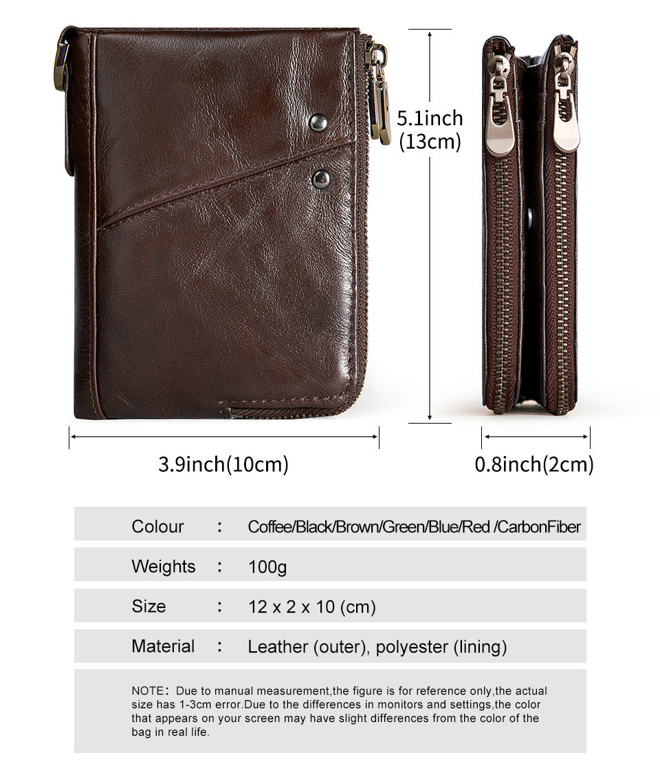 RFID Blocking Leather Short Wallet with Double Zipper