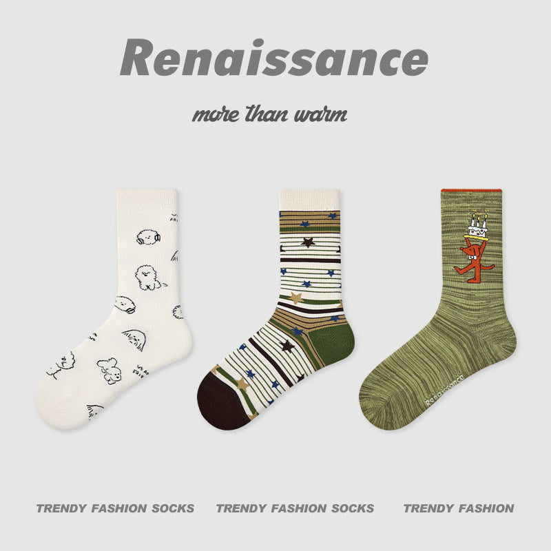 3-pack novelty socks: cream with line drawings, striped star motif, olive graphic