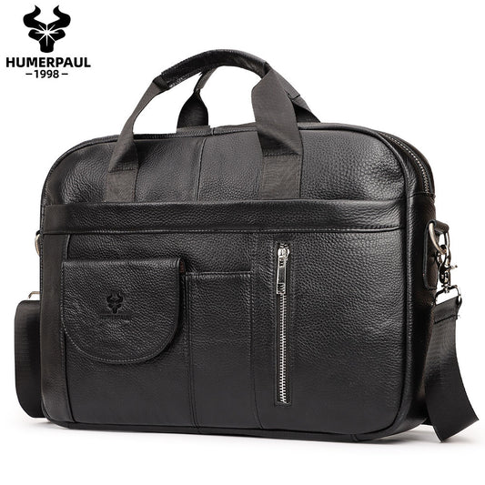 Men's Genuine Leather Briefcase,Top Grain Cowhide Laptop Bag Black