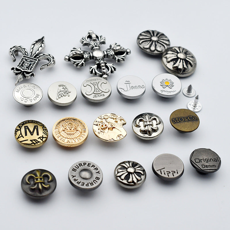 Hollow round metal shank stud buttons, mixed designs and finishes in a 21-pack set