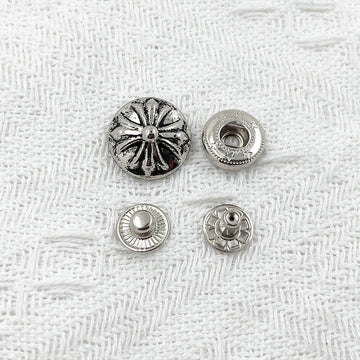 18/22-mm Metall-Druckknöpfe, silber/schwarz, Ziermuster, mit Einsatz, 100er-Pack
